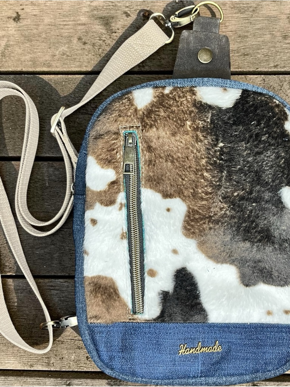 Handmade Cow Print & Upcycled Denim Crossbody Bag OOAK